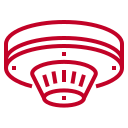 Red line-art icon of a smoke detector mounted on a ceiling.
