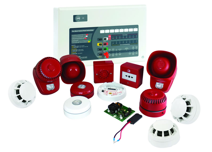 Fire alarm system kit with control panel, smoke detectors, call points, sounders, and alarm accessories.