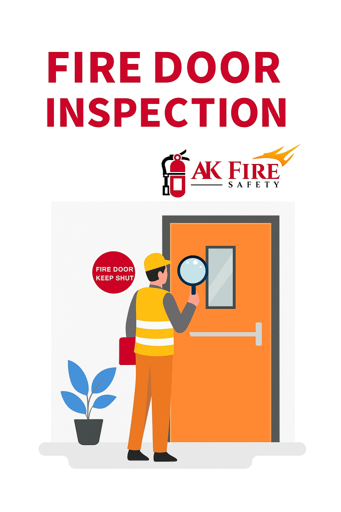 A fire safety inspector wearing a yellow vest examines an orange fire door with a magnifying glass. The door has a “Fire Door Keep Shut” sign, and above the scene, bold red text reads “Fire Door Inspection” alongside the AK Fire Safety logo featuring a flame and extinguisher icon.