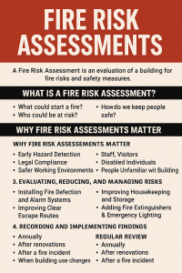Infographic explaining fire risk assessments, including what they are, why they matter, key steps, and regular review requirements, displayed in a red and beige safety-themed layout.