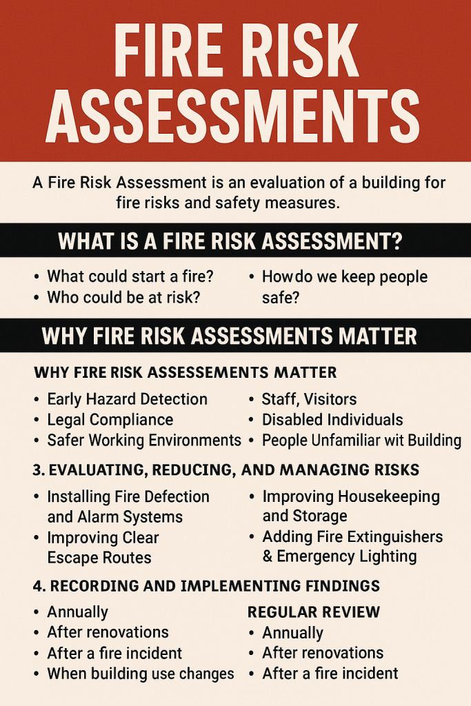 Infographic explaining fire risk assessments, including what they are, why they matter, key steps, and regular review requirements, displayed in a red and beige safety-themed layout.