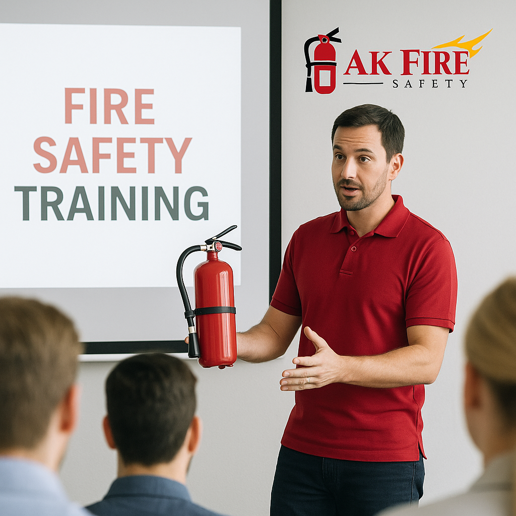 Instructor demonstrating how to use a fire extinguisher during a workplace fire safety training session, with the AK Fire Safety logo displayed in the background.