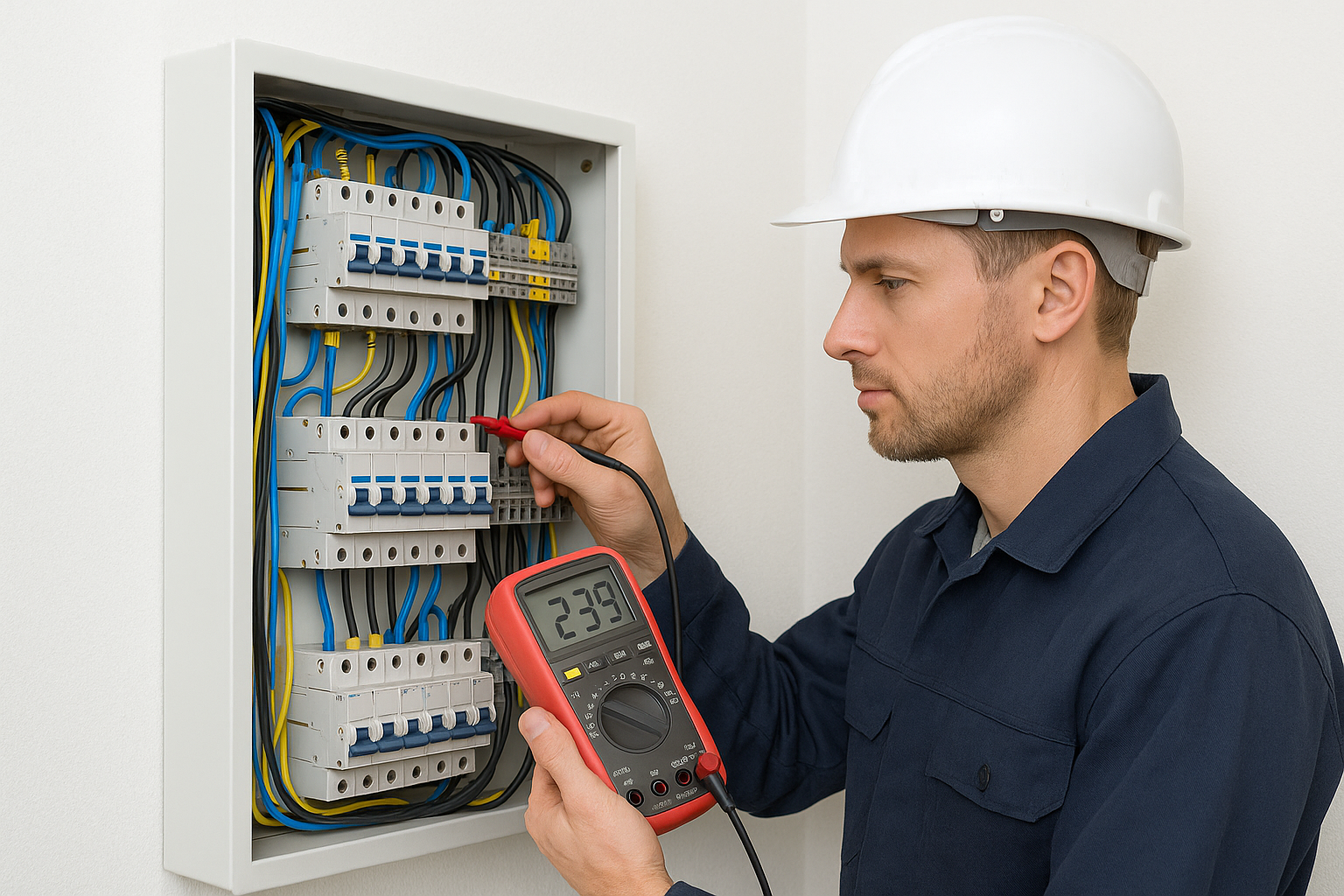 “Electrician performing a fixed wiring electrical safety inspection using a multimeter in the UK.”