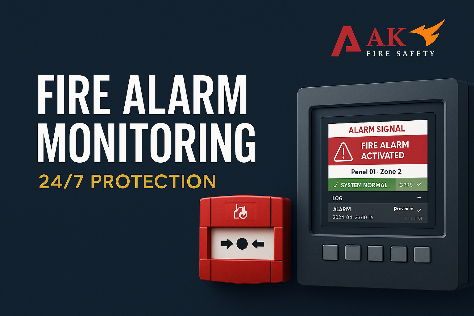 Fire alarm monitoring system with 24/7 protection featuring AK Fire Safety branding, alarm control panel showing fire alarm activated, and red manual call point."