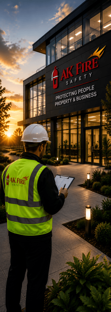 Fire risk assessor carrying out a professional Fire Risk Assessment at a modern commercial office building for AK Fire Safety.
