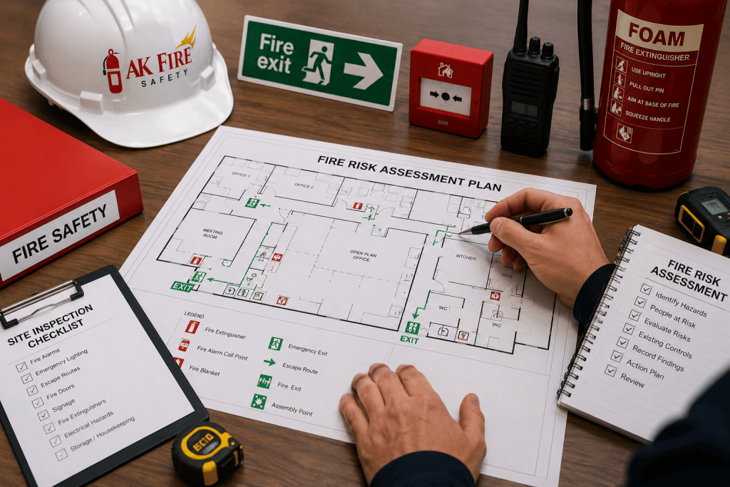 Fire risk assessor reviewing building plans and preparing a Fire Risk Assessment for a commercial property by AK Fire Safety.