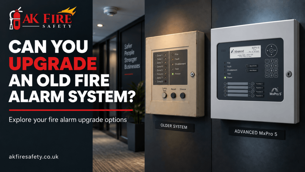 Illustration comparing an old fire alarm panel with an Advanced MxPro 5 upgrade, featuring the AK Fire Safety logo.
