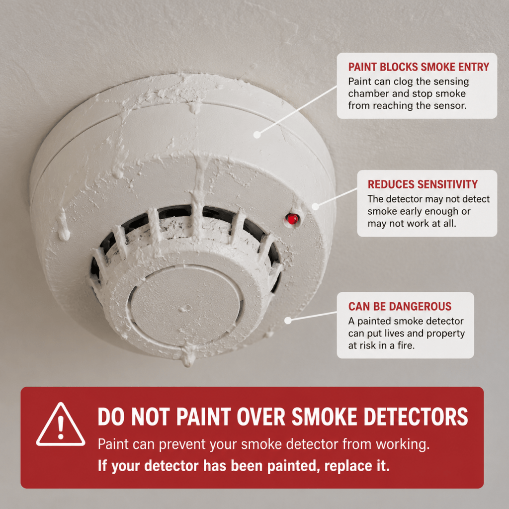 Painted smoke detector with blocked vents showing why paint can prevent smoke detection and create a serious fire safety risk.