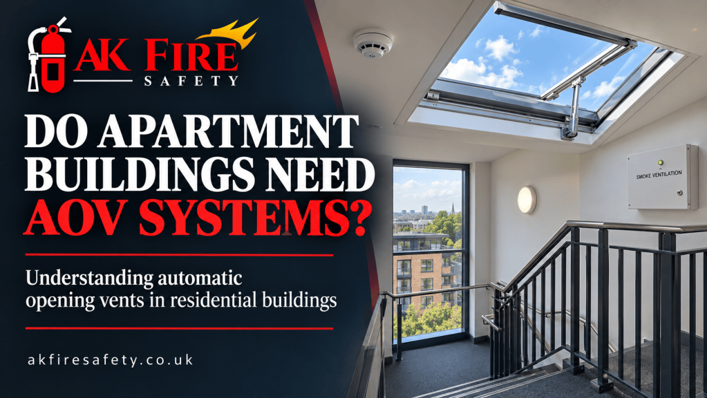 Open automatic opening vent above an apartment stairwell, with a smoke ventilation control panel. Title Do Apartment Buildings Need AOV Systems? – AK Fire Safety Caption Understanding automatic opening vents and smoke ventilation in apartment buildings. Description AK Fire Safety article image illustrating an open roof vent and smoke ventilation controls in a communal apartment stairwell, accompanying guidance on AOV systems in residential buildings.